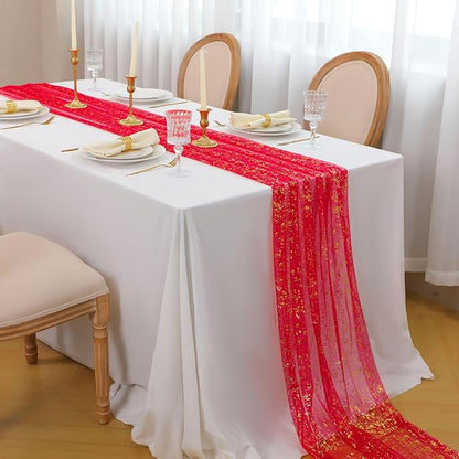 Snowkingdom 10FT Red Gold Table Runner, Sequin Glitter Sheer Chiffon Gauze Cheesecloth Runner 120 Inch, Red and Gold Party Decorations for Wedding Anniversary Birthday Graduation Christmas Holiday