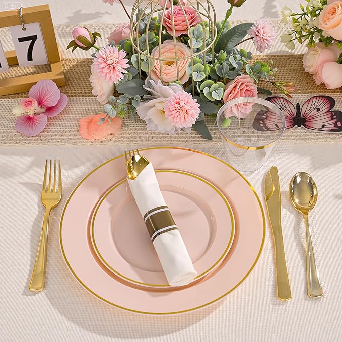 SUT 175 Pcs Pink and Gold Plastic Dinnerware Set for 25 Guests, Include: 25 Dinner Plates, 25 Dessert Plates, 25 Pre Rolled Napkins With Silverware, 25 Cups, Disposable Plates for Baby Shower, Party