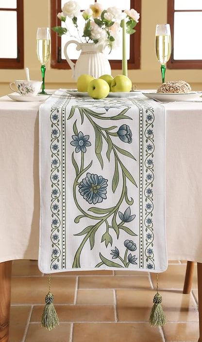 ISAENNE Designer Elegant Linen Extra Long Table Runner 118 Inches,Vintage Blue Floral Pattern Decor Table Runners for Dining Tables,Kitchen Tables,Thanksgiving,Christmas,12"*118"-Mosella E