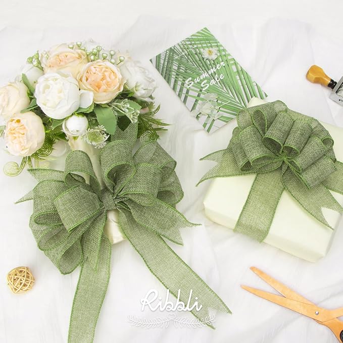 Ribbli Spring Moss/Sage Green Burlap Wired Ribbon,1-1/2 Inch x 10 Yard, Wired Edge Ribbon for Big Bow,Wreath,Tree Decoration,Outdoor Decoration