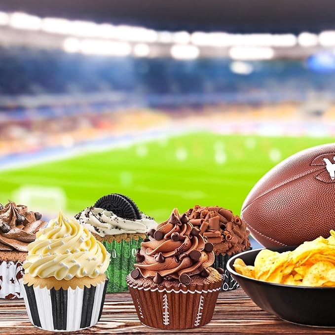 Whaline 600Pcs Football Cupcake Liners 6 Styles Rugby Cupcake Wrappers Baking Cups Holders Sports Theme Muffin Baking Liners for Birthday Party Holiday Party Post-match Celebration
