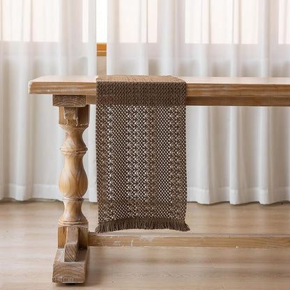 Boho Brown Table Runner for Home Decor 12x90 Inches Farmhouse Macrame Burlap Jute Rustic Dining Kitchen Centerpiece Bohemian Decor French Country Baby Bridal Shower Decorations
