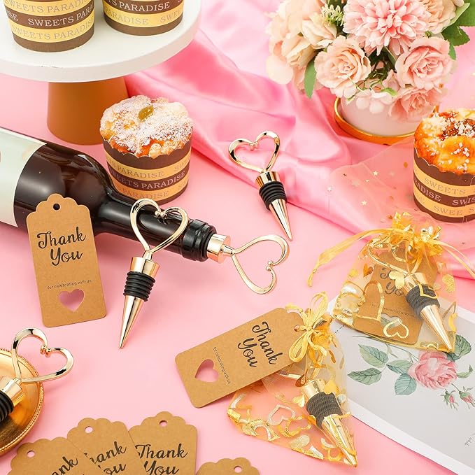 Buryeah 24 Set Wedding Heart Shaped Wine Stopper Party Favors Bulk Beverage Bottle Stopper Wine Cork Love Design Souvenirs for Guest with Sheer Bag Labels Rope Gift for Engagement Bridal Shower, Gold