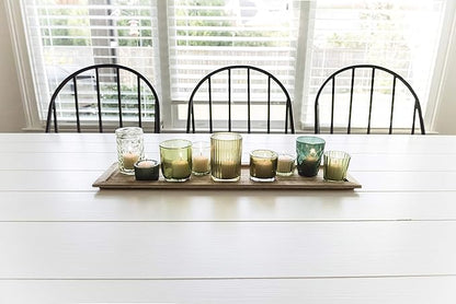 Creative Co-Op Wood Tray with 9 Green Glass Votive Holders