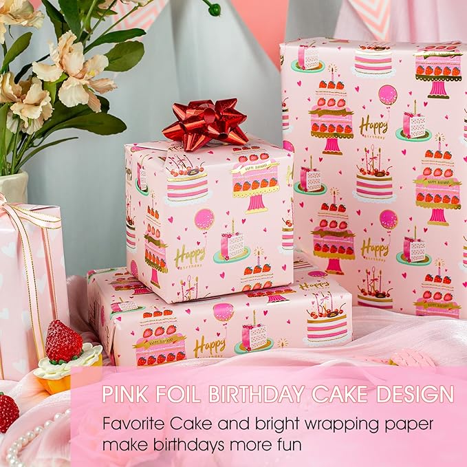 Yarcony Girls Birthday Wrapping Paper Roll, Pink Gift Wrapping Paper,Metallic Foil Pink Cartoon-Style Birthday Cakes Gift Wrap for Kid Party,Baby Shower,Wedding, Holiday,Christmas(17 Inch X 33 Feet)