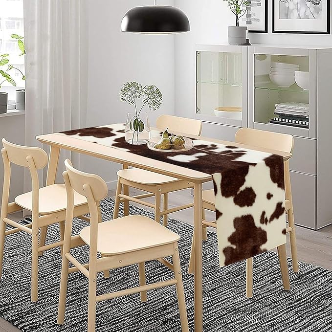 Cow Skin Print Table Runner, Safari Wildlife Brown Country Farm Cowhide Pattern Cotton Linen Rustic Cottage Table Runner for Dinning Home Party Holidays Home Setting, 13x70 Inch