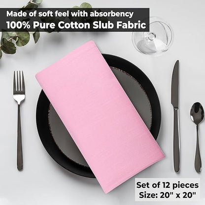 Urban Villa Easter Cloth Napkins 100% Cotton Slub Absorbent Dinner Napkins (Set of 12) Oversized 20x20 Inches Soild Pink Color Soft Durable Reusable Washable Ideal for Everyday Use Wedding Parties
