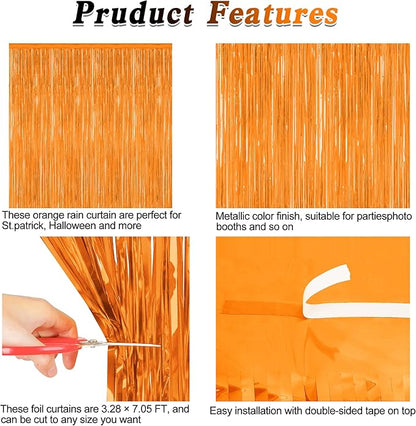 2 Pack Backdrop Curtains, 3.28 FT x 7.05 FT Orange Color Tinsel Backdrop, Metallic Party Streamer Fringe Curtains, Foil Curtains Halloween Decor Birthday Party Supplies
