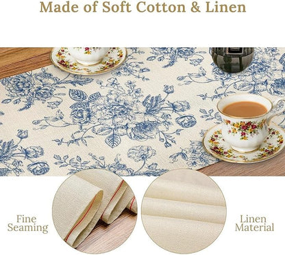 Floral Table Runner, Retro Blue Flower Chinoiserie Sketch Pattern Print Table Runner for Kitchen Dinning Table Runner Decor Home Wedding Party Holiday, 13x60 Inch