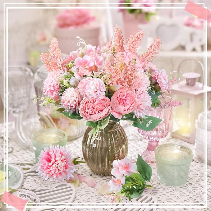 Zeyune 8 Pcs Wedding Silk Flowers Fake Silk Flowers Faux Bouquet Hydrangea Bouquets for Wedding Birthday Party Table Centerpieces Home Decoration(Pink,Peony)