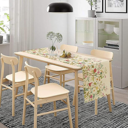 Floral Table Runner, Vintage Birds Wildflowers Herbs Nature Theme Linen Long Table Kitchen Dining Table Holiday Party Decorative Table Runner,13in（33cm） W * 36in（92cm） L