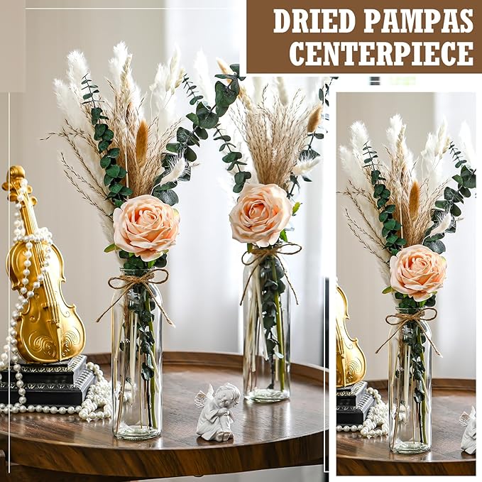 10 Set Dried Pampas Grass Centerpiece for Wedding 10 Clear Glass Jars 10 Artificial Roses 80 Dried Pampas Grass with Rope for Baby Shower Rustic Bridal Party Farmhouse Decoration (Champagne)