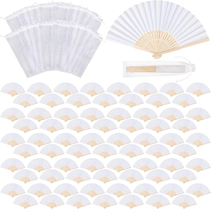 MCEAST 80 Pieces White Folding Paper Fans Wedding Fans Handheld Paper Fan White Bamboo Hand Fan Foldable Cool Favors with 80 Organza Bag for DIY Decor Wedding Party Favors Summer Guest