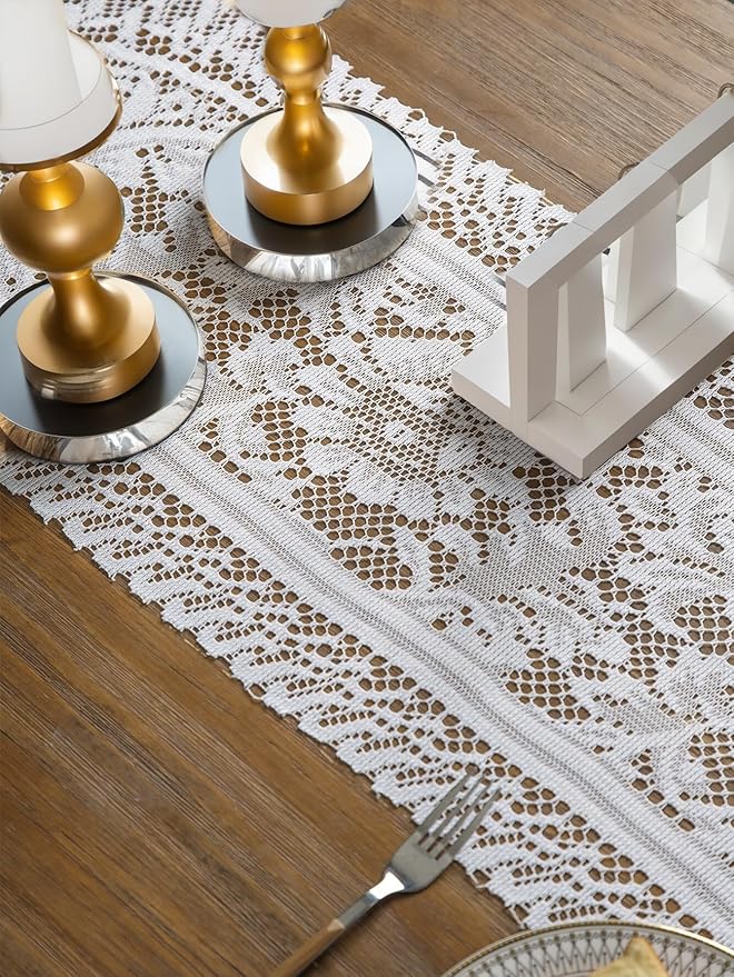 Jayla White Lace Table Runners, Elegant Vintage Lace Table Runner, Wedding Lace Decor with Floral Embroidery,Tea Party Decor, 13x45 Inch
