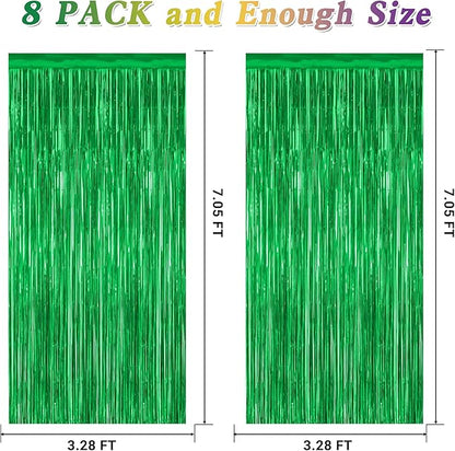 8 Pack Green Streamer, 3.28 FT x 7.05 FT Dinosaur Backdrop, Metallic Tinsel Backdrop FOI Fringe Curtains Party Streamer, Jungle Decor Green Streamer Party Decorations Photo Booth Props