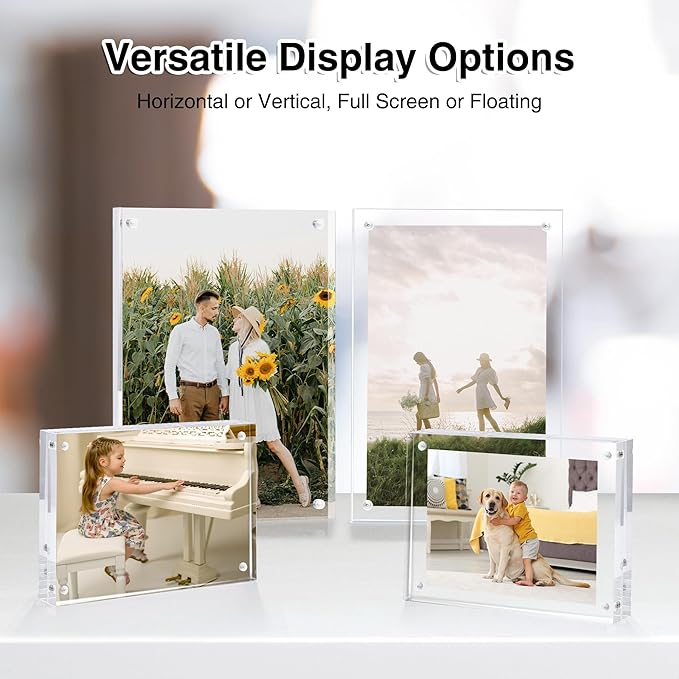 HOUSE DAY Acrylic Picture Frames 4x6, 2 Pack Magnetic 4 x 6 Picture Frame, Double Sided Clear 4x6 Photo Frame with Microfiber Cloth, Frameless FreeStanding 4x6 Frame Gift for Desktop Display