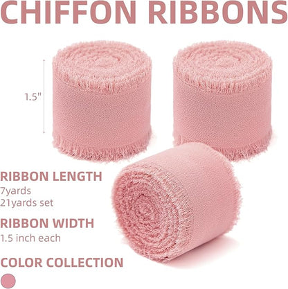 3 Rolls Blush Pink Handmade Chiffon Ribbon,1.5" x 21Yd Frayed Fringe Silk Ribbons (3 Rolls *7Yd) for Gifts Wrapping, Wedding Invitations, Bridal Bouquets, Decorations