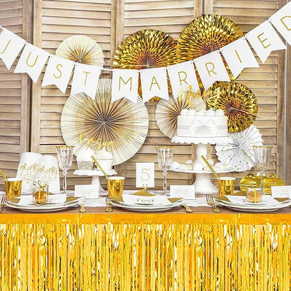 3 Pack 29 x108 Inch Gold Foil Fringe Table Skirts Metallic Banner for Tinsel Streamer Garland Backdrop for Parade Floats Mother's Day, Graduate, Birthday, Wedding Party Decoration