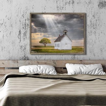Wooden Barn Landscape Artwork Painting - Rustic Handcrafted Framed Countryside Picture Wall Art for Home Wall Decor