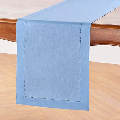 Solino Home Linen Cornflower Blue Hemstitch Table Runner 48 Inches - 100% Pure Linen Small Table Runner 14 x 48 Inch Ideal for Dresser and Coffee Tables - Classic Hemstitch - Christmas, Holiday
