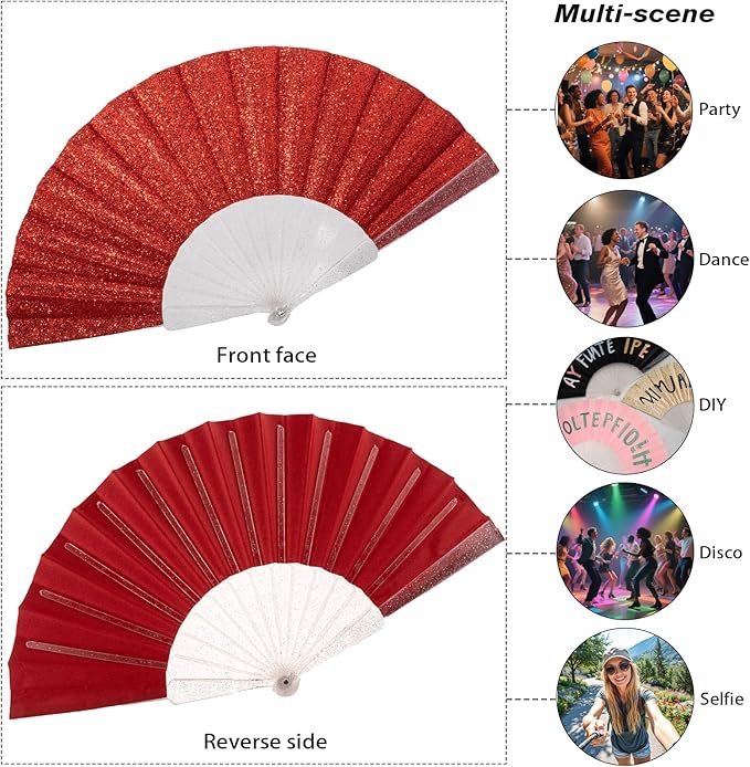 12 Pack Handheld Fan,Folding Hand Glitter Fan with Shining Transparent Fan Rib – Ideal for Wedding, Church, Festival, Dance, Tea Party, Club, and EDM Accessories, Red
