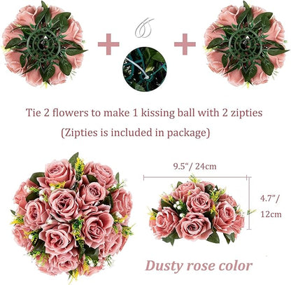 BLOSMON Dusty Pink Flowers Centerpieces: 2 Pcs Artificial Roses Flowers Balls for Wedding Dinning Table - Fake Silk Kissing Floral Arrangement for Home Party Event Decor
