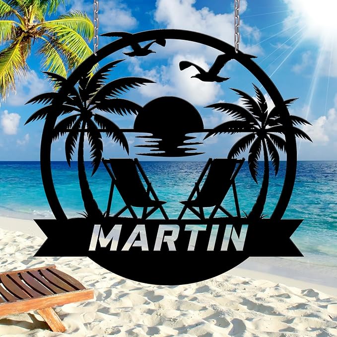 Personalized Beach Decor for Home, Custom Metal Sign Outdoor Nautical Decor, Palm Trees Coastal Wall Art, Family Last Name Sign, Housewarming Christmas Wedding Gifts