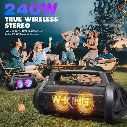 W-KING Portable Speakers Bluetooth Wireless, 120W Max Loudest Bluetooth Speaker, IPX6 Waterproof Outdoor Speaker with 70W Deep Bass/2*Subwoofer/DSP/EQ/42H/LED/MAC-in/Power Bank, Large Party Boombox
