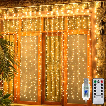 Ollny 2 Pack Curtain String Lights Warm White, 400LED 6.6x6.6ft Fairy Lights With Remote 8 Modes, Hanging Outdoor Waterproof, USB Power Wall for Bedroom Indoor Backdrop Window