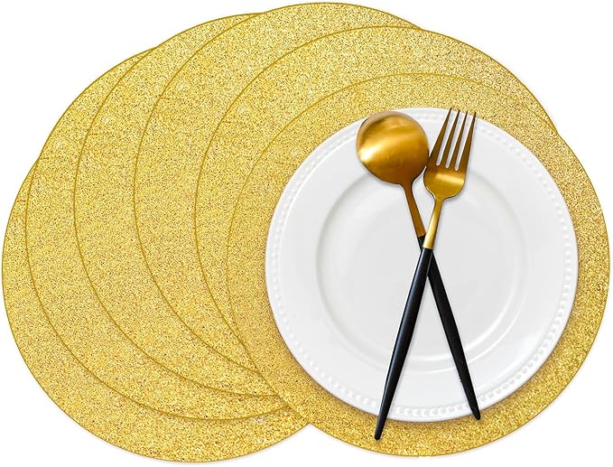 50 Pieces Gold Glitter Paper Place Mats Sparkle 14'' Round Disposable Table Mats Golden Sequin Doilies Decorative Placemats for Wedding Banquet Party Home Dining Tableware