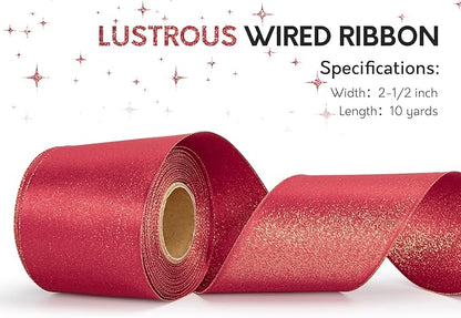 Christmas Ribbon Wired Red Satin Ribbons 2-1/2 Inch Double-Faced Gold Glitter for Tree Decoration, Wreath, Gift Wrapping, Home Decor 10 Yards