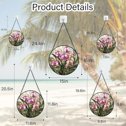 Stained Glass Window Hanging - Pink Phalaenopsis Orchid Green Leaves Sun Catcher for Door Home Decor Flower Suncatcher Christmas Mother's Day Birthday Gifts for Women Men Mom Nana 6.3 in
