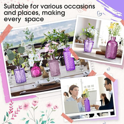Yaomiao 30 Pcs Vases Bulk Colored Flower Glass Vases Bud Vintage Colored Glass Bottles Colorful Rustic Embossed for Home Wedding Table Decorations Gifts(Purple Series)