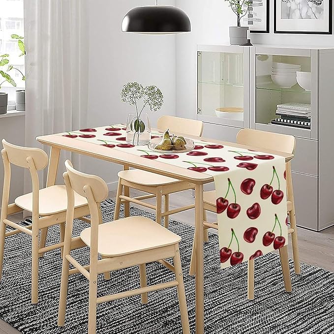 Red Cherry Table Runner Watercolor Spring Summer Wild Berry Tropical Fruit Theme Dinner Runner for Girl Baby Shower Party Holiday Home Kitchen Dining Table Decor 13x90