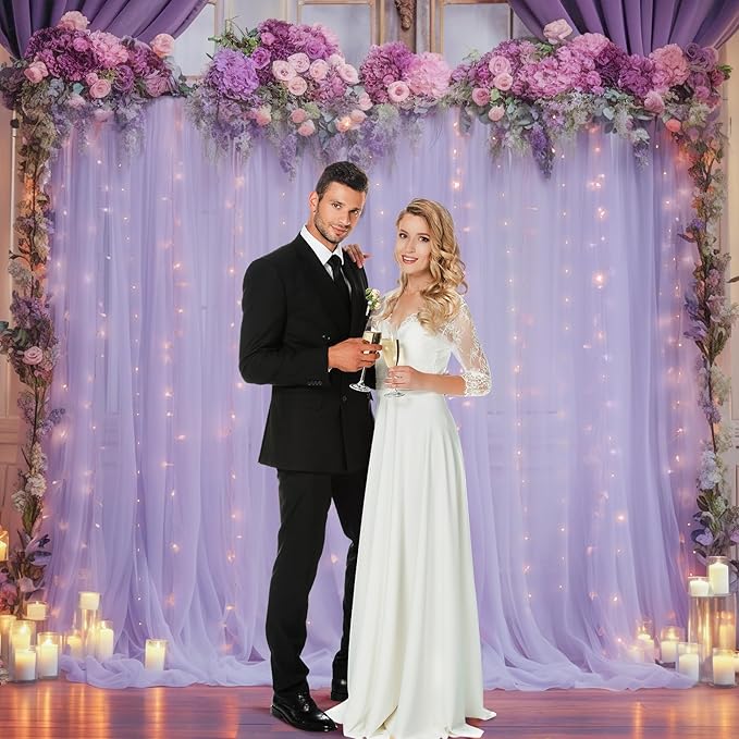 10x10ft Purple Tulle Backdrop Curtain with Lights String for Parites, Sheer Photo Backdrop Curtains with Lights for Wedding Backdrop Ceremony Reception Bridal Shower Baby Shower Birthday Party