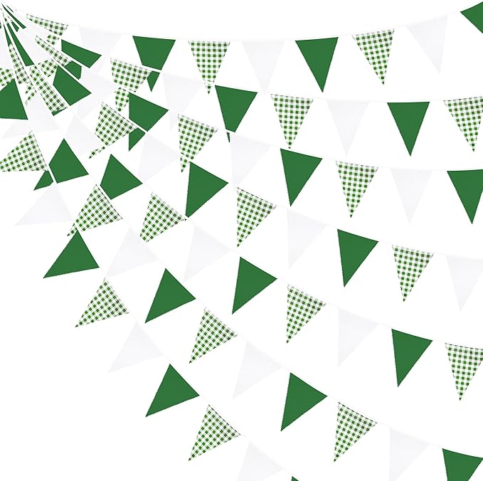 32Ft Green Party Decorations Green Buffalo Plaid Checkered White Triangle Flag Gingham Pennant Bunting Fabric Garland for Wedding Birthday Picnic BBQ Outdoor Golf Party Dinosaur Arbor Day Decorations