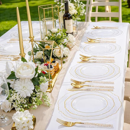 Liacere 150PCS Clear Gold Plastic Plates - Disposable Plastic Silverware with Glitter Bamboo Handle Cutlery-Baroque Clear Gold Disposable Plates for Wedding & Party & Thanksgiving &Fall Decor