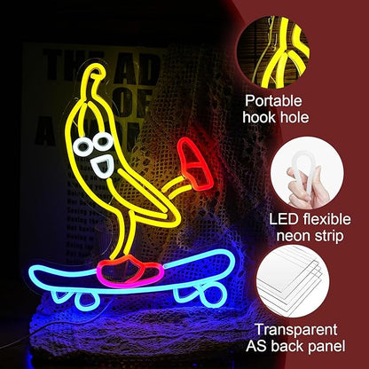 Skateboard Banana Neon Sign Cool Slide Banana LED Neon Light Dimmable Banana Light Up Sign for Shop Bedroom Party Bar Art Wall Decoration(16.3"*13")