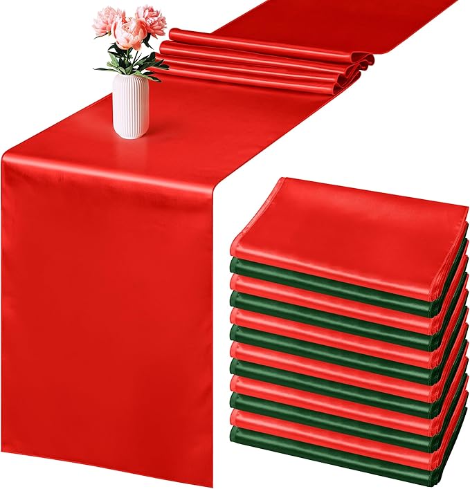Aneco 12 Pack Christmas Satin Table Runner 12 x 108 Inch Xmas Red, Black Green Long Wedding Satin Silk Table Runner for Wedding Banquet Graduations Birthday Christmas Party Decoration
