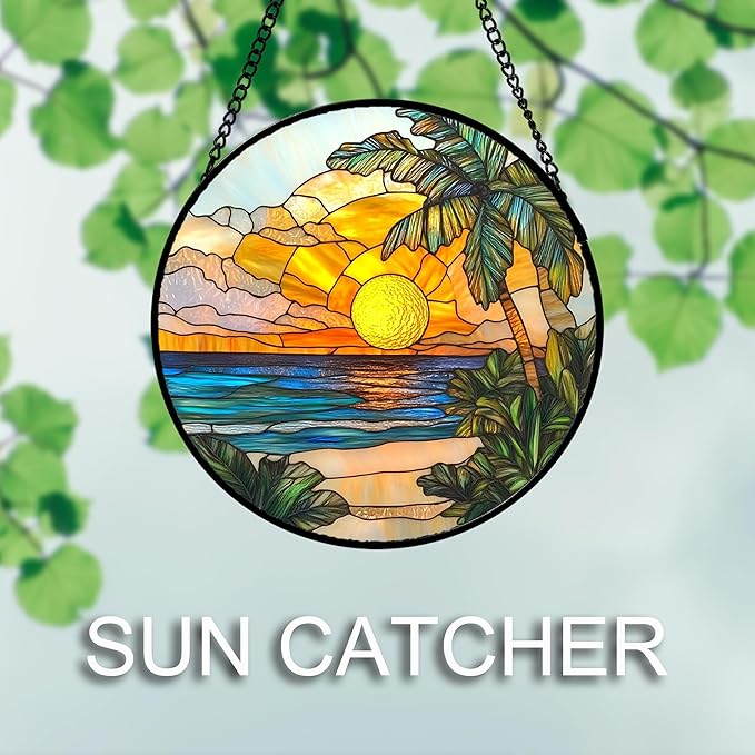 Stained Glass Window Hanging 4 Pcs Set Blue Ocean Coconut Tree Scenery Large 15" - Suncatcher Door Garden Sun Catcher Decor Birthday Christmas for Mom Woman Nana Men