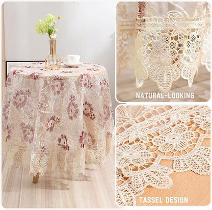 Round Embroidered Lace Tablecloth Vintage Decorative Exquisite Border Table Cover for Party Wedding Home Decorations, Round-60, Red