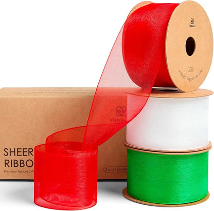 Vitalizart Organza Ribbon 1.5" x 30 Yd Christmas Sheer Ribbons Set 10 Yd x 3 Rolls Red Green White for Christmas Decor Gift Wrapping Crafts Bows Wedding Invitations Wreaths Bouquet