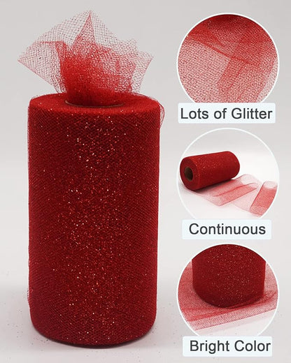 Glitter Tulle Fabric Rolls, 6 Inch 50 Yards (150ft) Sparkling Spool Ribbon Sequin Netting for Tutu Skirt Gift Wrapping Wedding Party Decoration (Red)