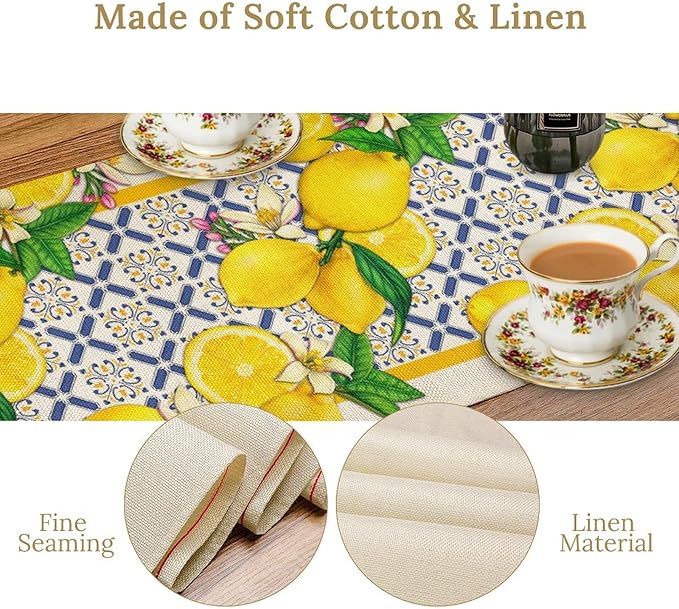 Lemon Table Runner,Spring Summer Seasonal Yellow Blue Table Runner for Kitchen Dining Table Home Party Decoration 13x108 Inch