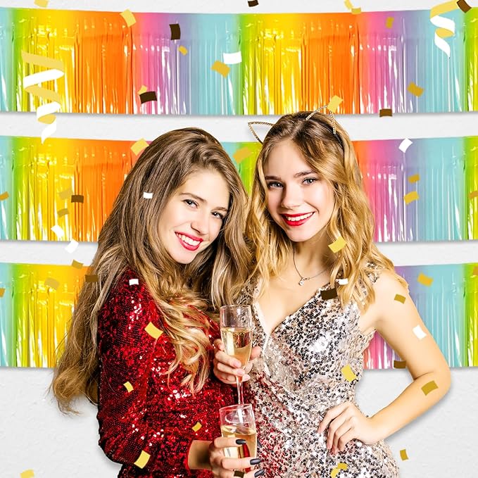 6 Pack 10 Feet Rainbow Foil Fringe Garland Metallic Tinsel Streamers Banner Wall Hanging Curtain Backdrop for Parade Floats, Birthday, Graduate, Mother's Day, Wedding Party Decoration