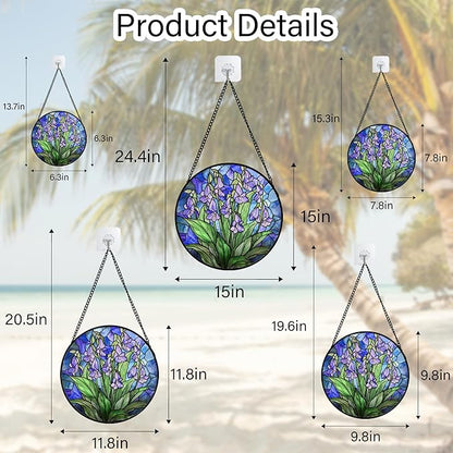 Stained Glass Suncatcher, Blue Purple Flowers Green Leaves Sun Catcher Plants Stain Glass Window Hanging Decoration Mother's Day Birthday Gifts for Women Men Mom and Nana 9.8 in