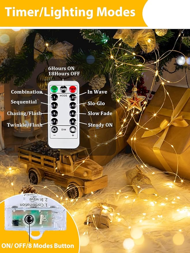 4 Pack 60LED Battery Operated Fairy Lights with Remote, 8 Modes LED String Lights with Timer, Dimmable, Memory Function, Waterproof Twinkle Fairy Lights for Outdoor Indoor Christmas Decor(Warm White)