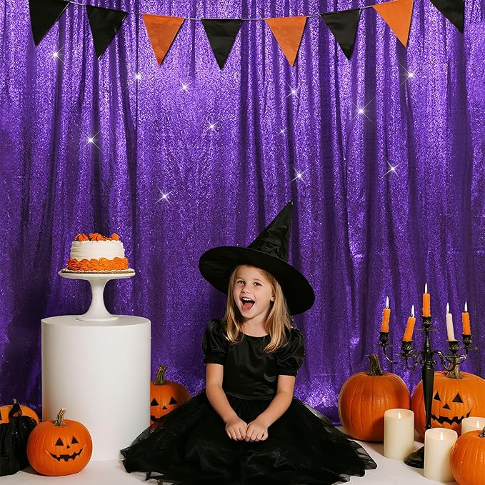 SquarePie Sequin Backdrop Less Transparent Background Sparkly Curtain for Wedding Halloween Party 6FT x 8FT Purple