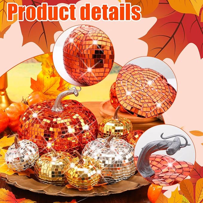 Lenwen 12 Pcs Artificial Disco Pumpkin Glitter Mirror Pumpkin for Decorating Fall Farmhouse Hanging Ornament Harvest Decor for Halloween Thanksgiving Table Centerpiece(Orange, Gold, Sliver)