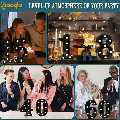 Pooqla Decorative Led Light Up Number Letters, Black Plastic Marquee Number Lights Sign for 18th Birthday Party Wedding Decor Battery Operated Black Decoration 18